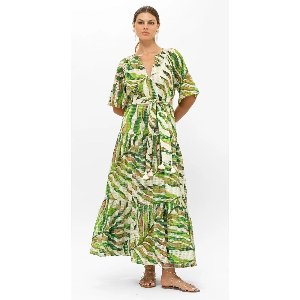 OLIPHANT Raglan Belted Maxi Midi Dress Maldive Green Leaf Print Tuckernuck Med